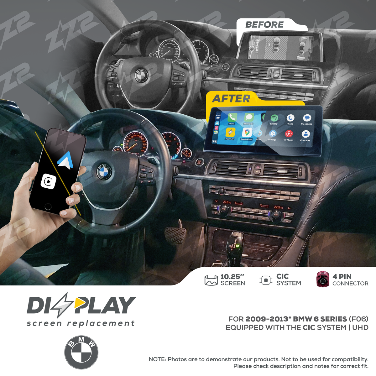 10.25" DIZZPLAY for BMW 6 series (F06) 2009-2013 equipped with the CIC* system.