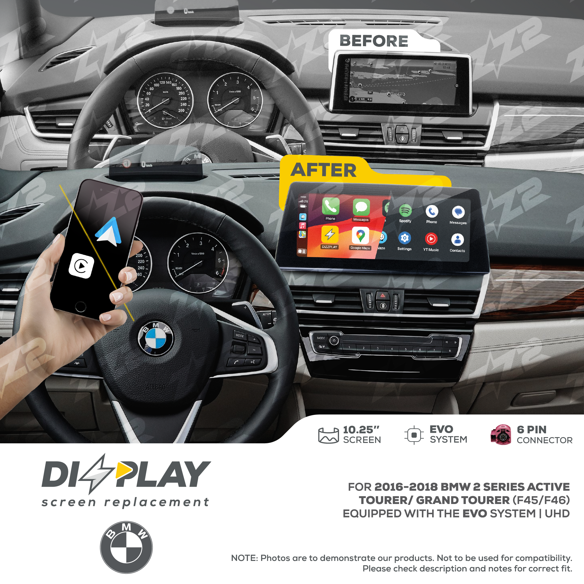 10.25" DIZZPLAY for BMW 2 Series Active Tourer/ Grand Tourer (F45/F46) 2016-2018 equipped with the EVO system - UHD