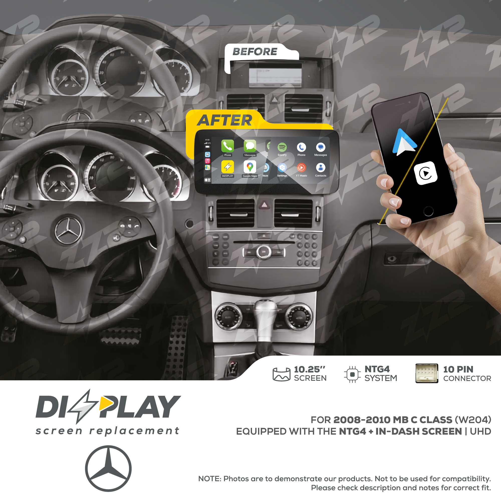 10.25" DIZZPLAY for MB C Class (W246) 2008-2010 equipped with the NTG4 + In-dash screen - UHD.