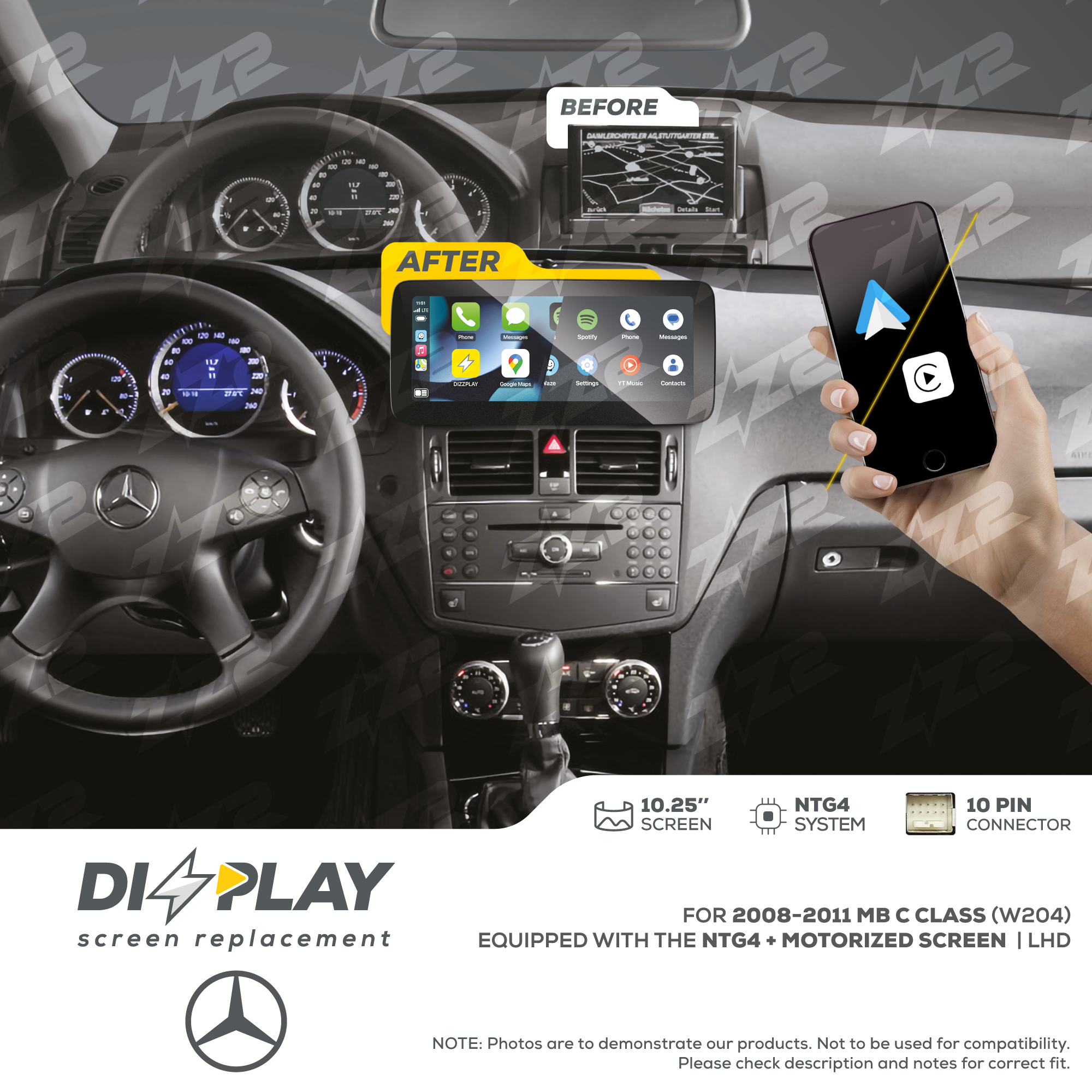 10.25" DIZZPLAY for MB C Class (W204) 2008-2011 equipped with the NTG4 + Motorized screen - LHD.
