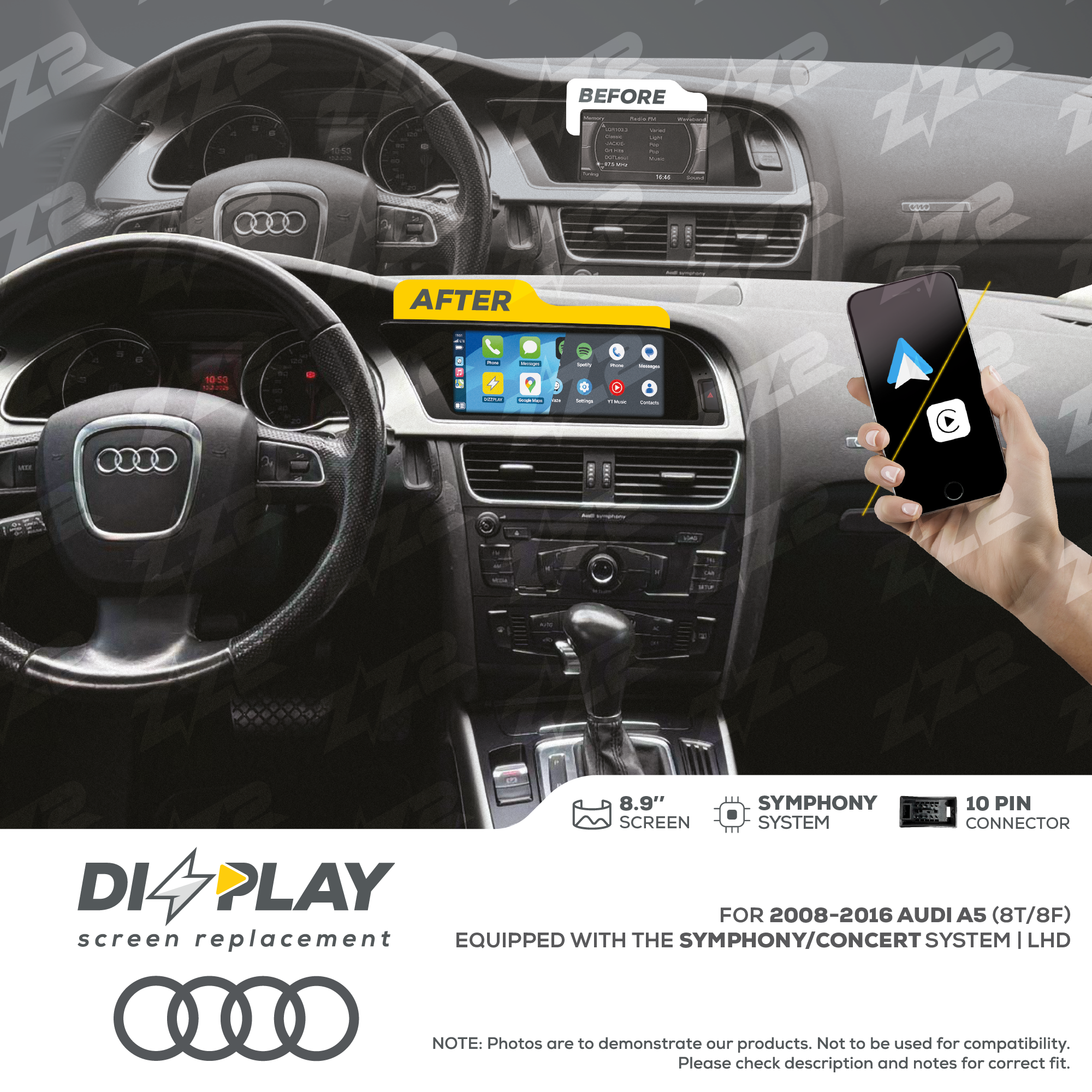 8.9" DIZZPLAY for AUDI A5/S5 (8T/8F) 2008-2016 equipped with the Symphony/Concert system - LHD