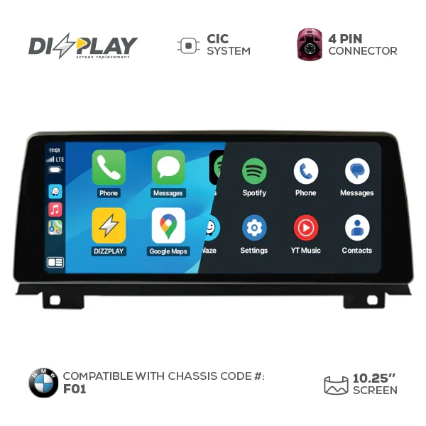 10.25" DIZZPLAY for BMW 7 series (F01) 2009-2012 equipped with the CIC* system.