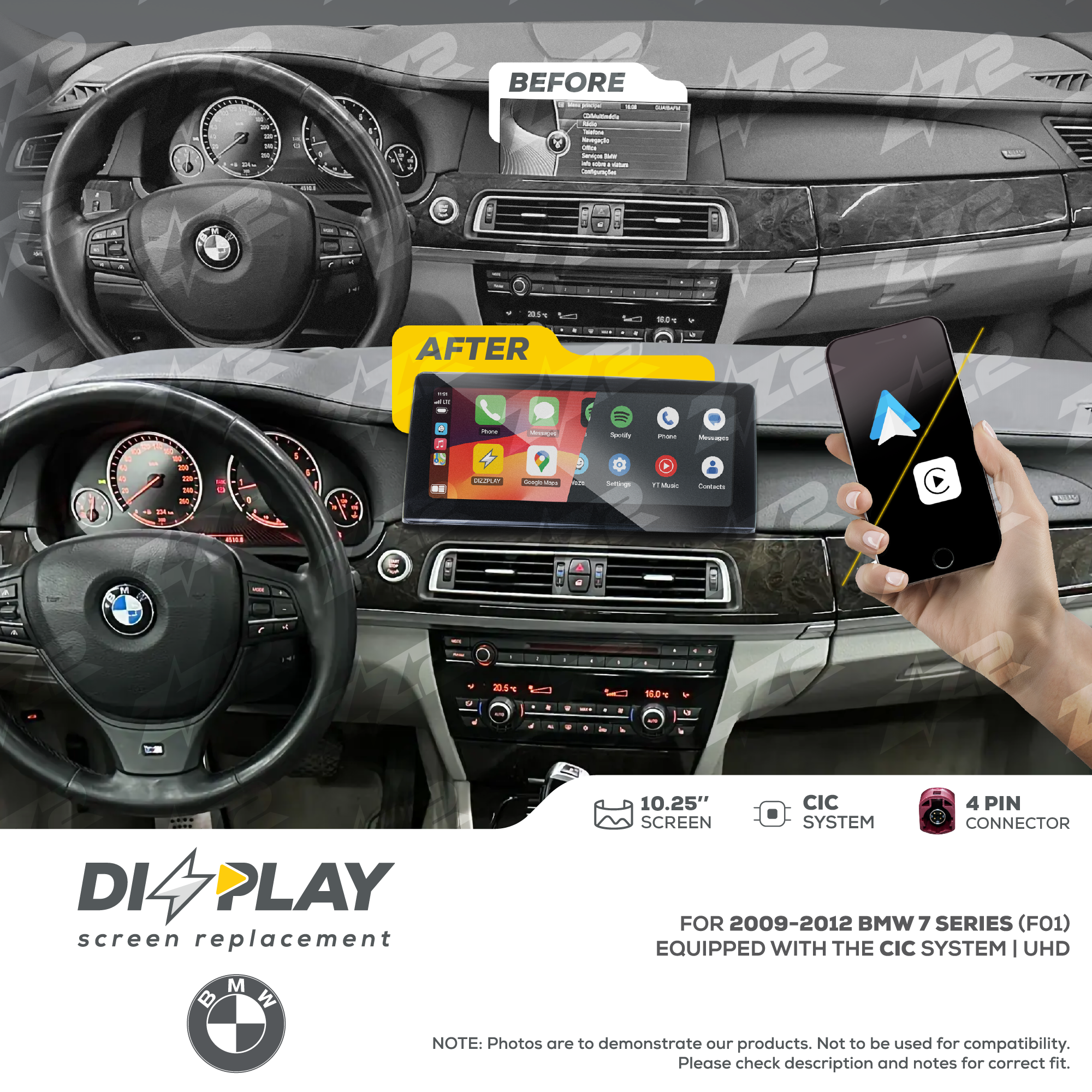10.25" DIZZPLAY for BMW 7 series (F01) 2009-2012 equipped with the CIC* system.