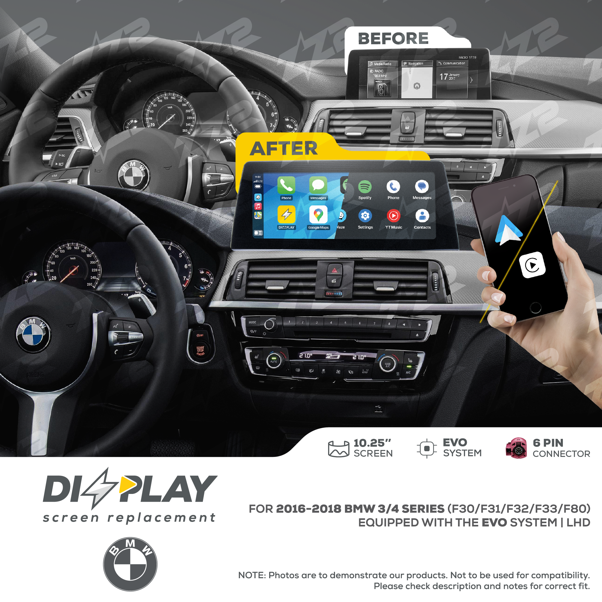 10.25" DIZZPLAY for BMW 3/4 series (F30/F31/F32/F33/F80) 2016-2018 equipped with the EVO system - LHD