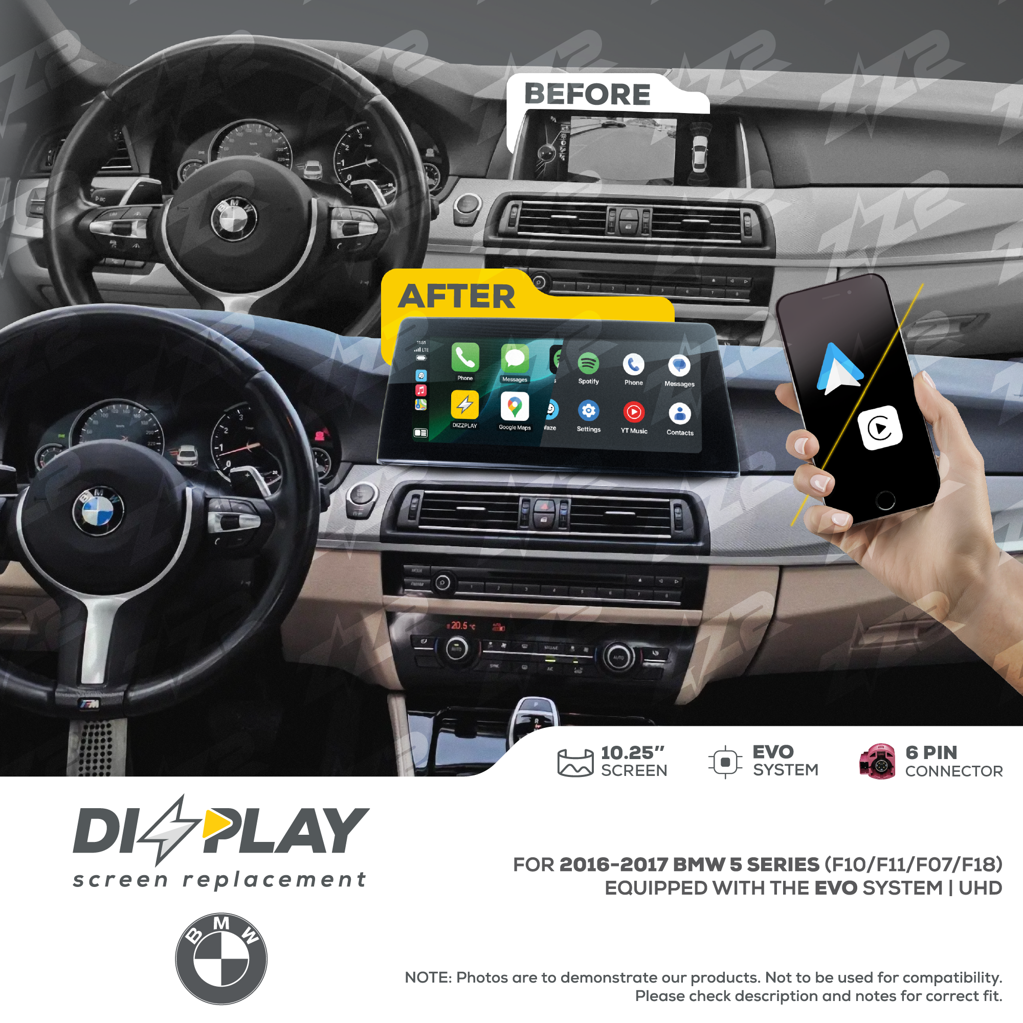 10.25" DIZZPLAY for BMW 5 series (F10/F11/F07/F18) 2016-2017 equipped with the EVO system - UHD