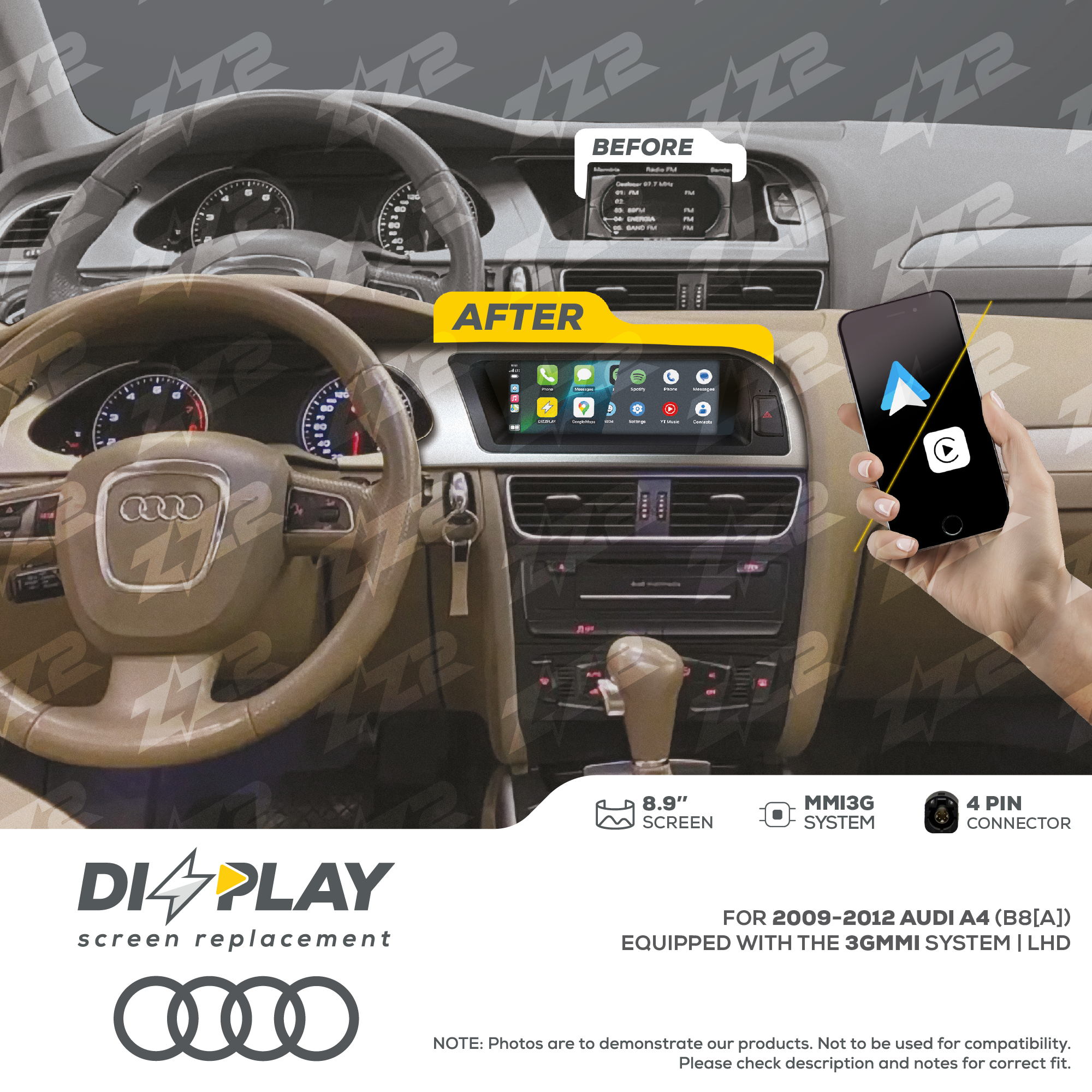 8.9" DIZZPLAY for AUDI A4/S4 (B8[A]) 2009-2012 equipped with the 3G MMI system - LHD