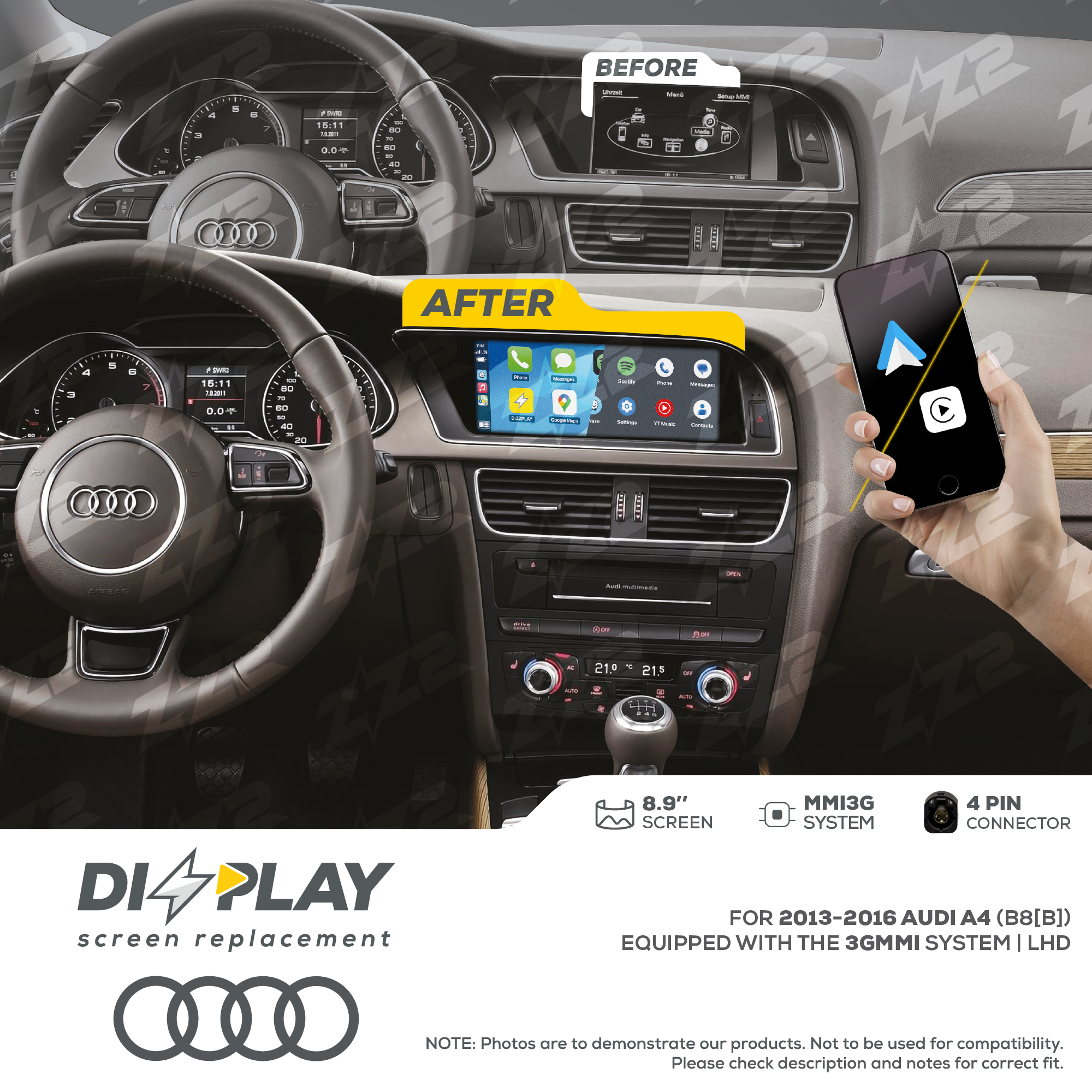 8.9" DIZZPLAY for AUDI A4/S4 (B8[B]) 2013-2016 equipped with the 3G MMI system - LHD