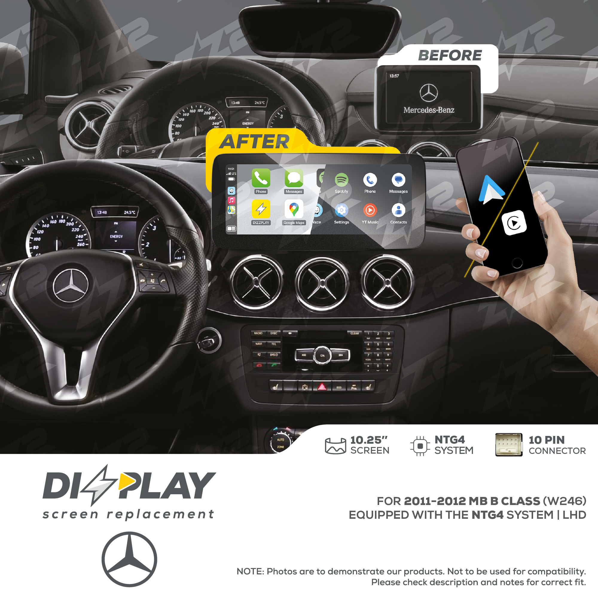 10.25" DIZZPLAY Screen Replacement for MB B Class (W246) 2011-2012 equipped with the NTG4 LHD.