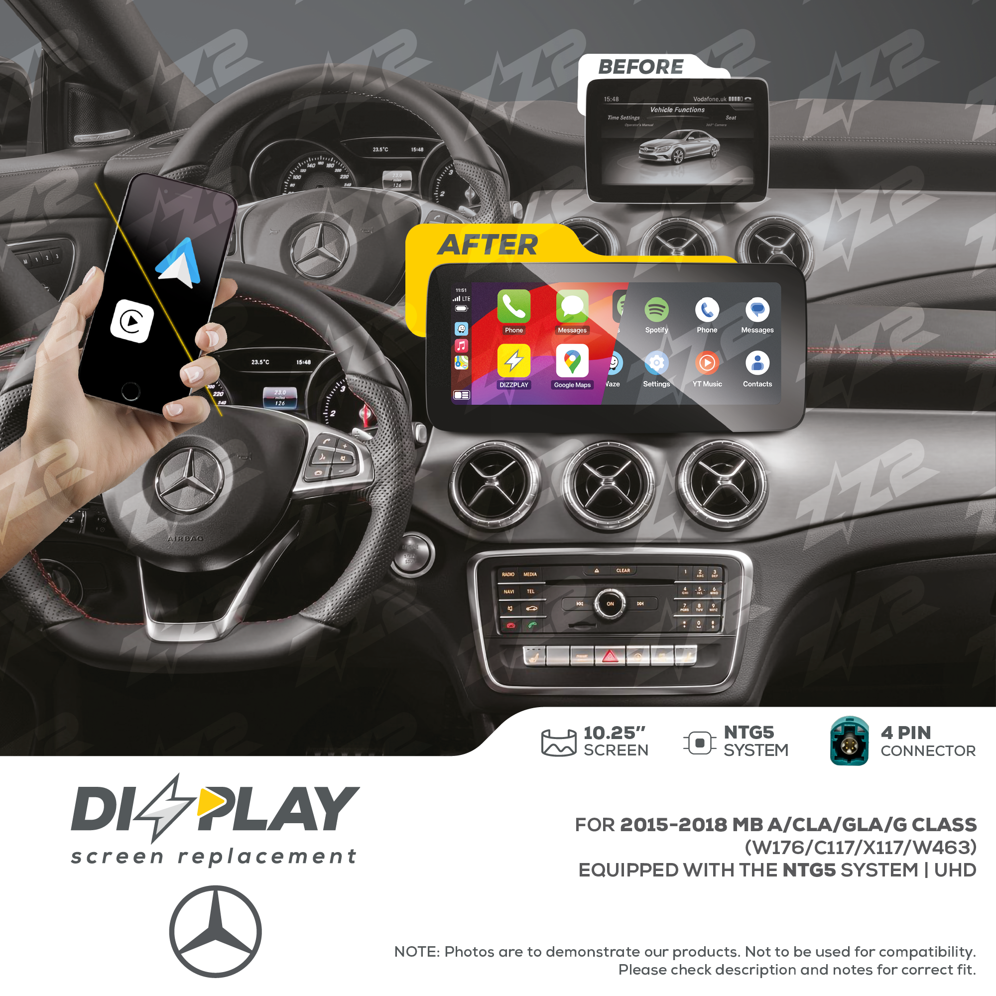 10.25" DIZZPLAY for MB A/CLA/GLA/G Class (W176/C117/X117/W463) 2015-2018 equipped with the NTG5 - UHD.