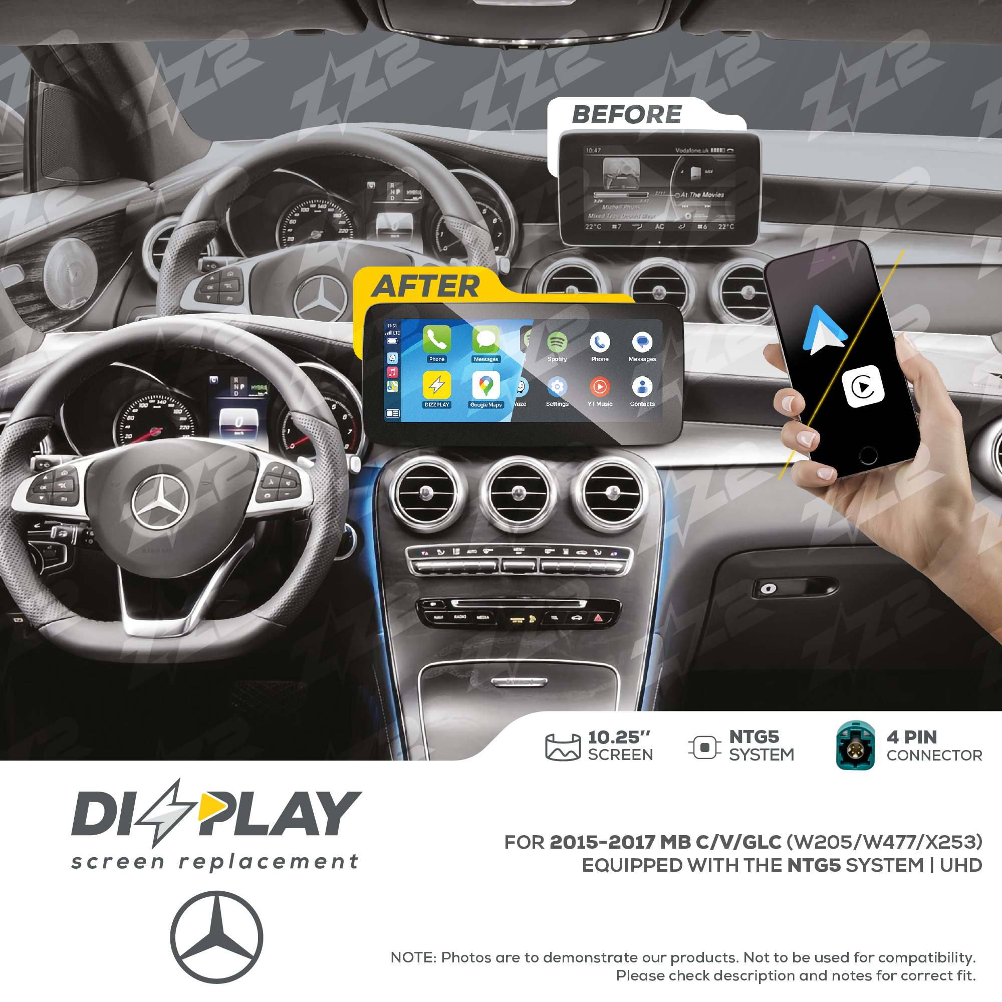10.25" DIZZPLAY for MB C/V/GLC (W205/W477/X253) 2015-2019 equipped with the NTG5 - UHD.